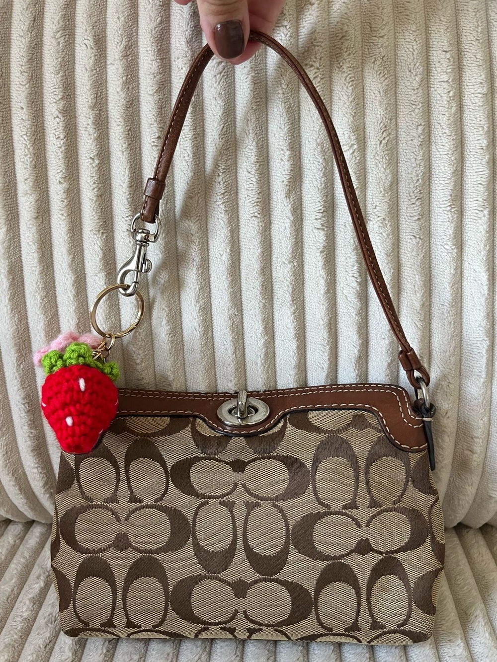 Coach Brown Signature Canvas Shoulder Bag with Red Strawberry Charm